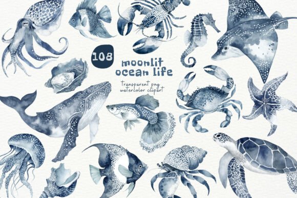 Download Watercolor Moonlit Ocean PNG Clipart - Premium Bundle